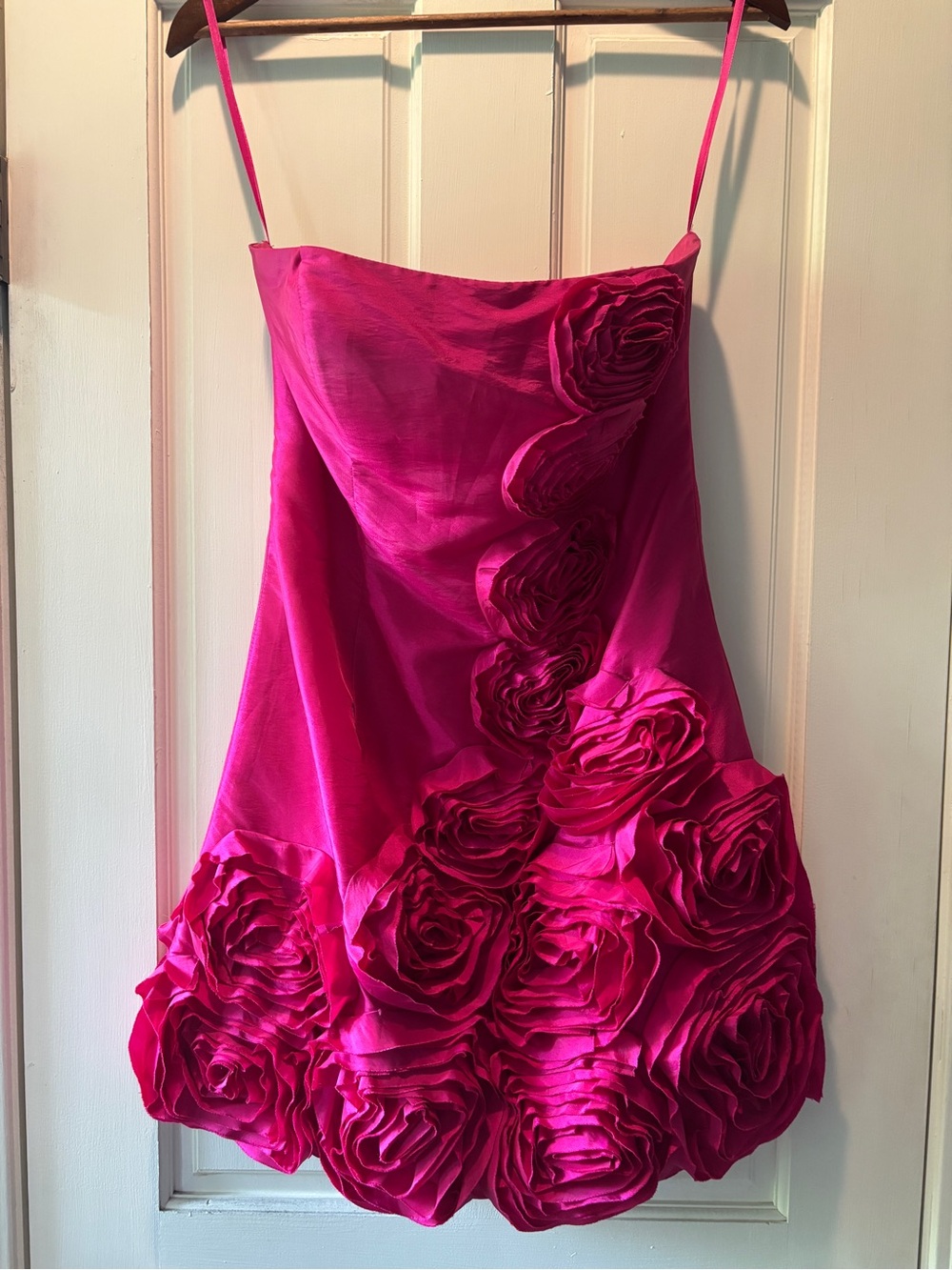 Strapless Rose-Appliqué Mini Dress in Fuchsia